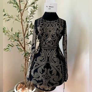 Black/Gold Long Sleeve Embellished Rhinestone Dress With Side Openings